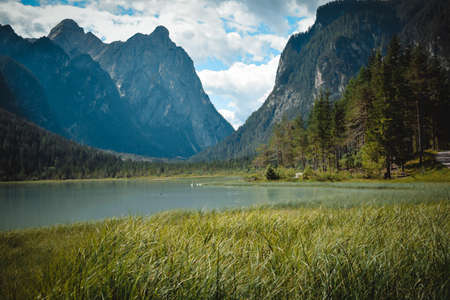 great view on the toblach lake, in trentinoの写真素材