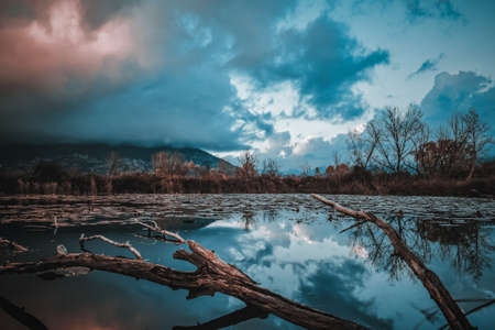 a fantastic sunset on the torbiere del sebinoの写真素材