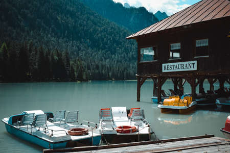 great view on the toblach lake, in trentinoの写真素材