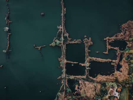 view on the lake from the droneの写真素材