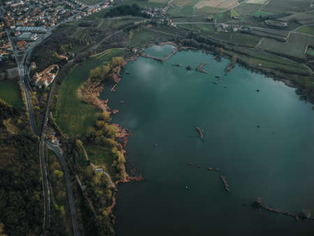 view on the lake from the droneの写真素材