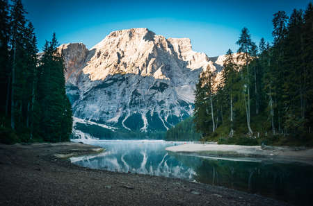 fantastic view on the lake braies in trentinoの写真素材