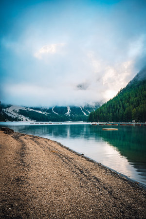 a fantastic view on the braies lakeの写真素材