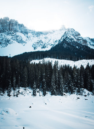 beautifull view on carezza lake in winterの写真素材