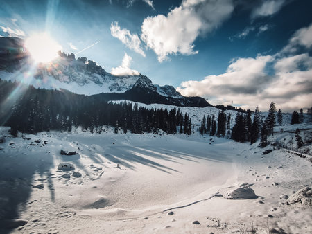 beautifull view on carezza lake in winterの写真素材