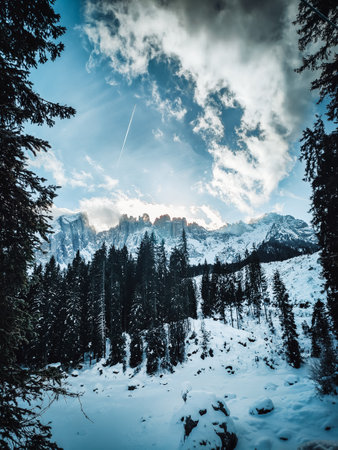 beautifull view on carezza lake in winterの写真素材