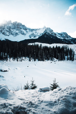 beautifull view on carezza lake in winterの写真素材