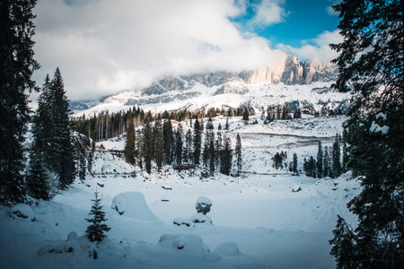 beautifull view on carezza lake in winterの写真素材