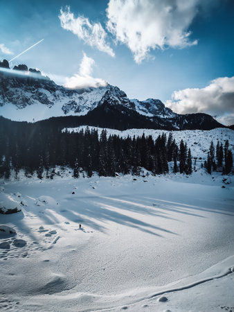 beautifull view on carezza lake in winterの写真素材