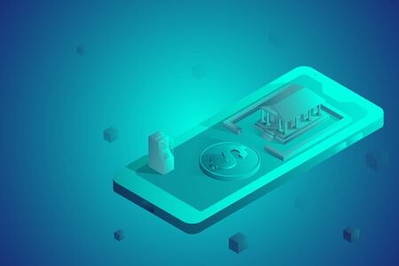 Isometric futuristic online banking. ATM machine, dollar coin and bank building on mobile.のイラスト素材