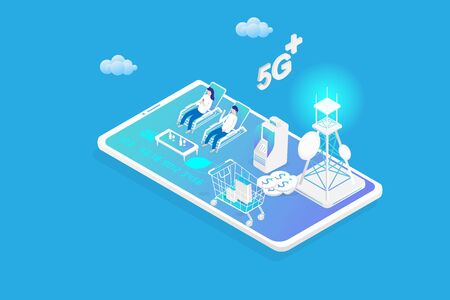 Isometric 5G technology on network smartphone with money dollar coin, cart, shopping bag, Antenna and human use. Vector illustration in 3d design.のイラスト素材