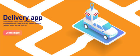 Marketing and online shopping delivery concept. Isometric Smartphone and shopping bag, trucks with store and GPS navigator on the road. web template and landing page.のイラスト素材