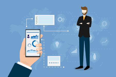 Financial business people performance concept. Smart employee standing and icon on blue background. Giant hand is holding smartphone with big data chart on screen. Vector illustration in flat style.のイラスト素材