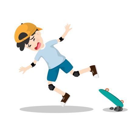Little boy ride a skateboard and falling isolated on background. Vector illustration in cartoon character flat style.のイラスト素材