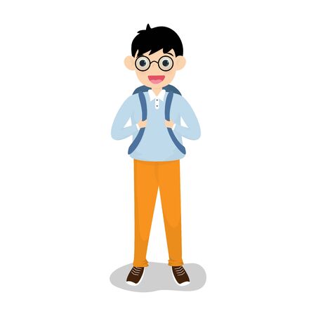 Little boy or kid child with backpack school isolated son background. Vector illustration in flat design.のイラスト素材