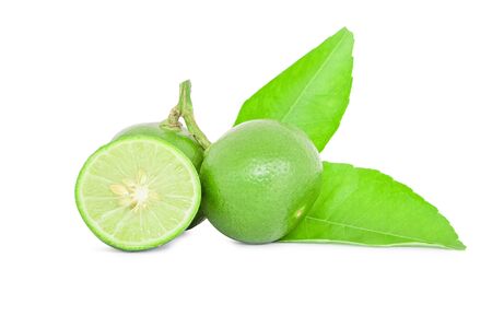 Lime fruit with leaf isolated on white background.の写真素材