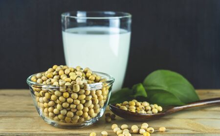 Glass of soy milk with bean seed on the spoon.の写真素材