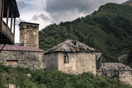 Abandoned house in a mountain village. Close-up. Georgia. Svaneti.の写真素材