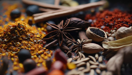 Spices and herbs on the table in composition with kitchen accessories.の素材