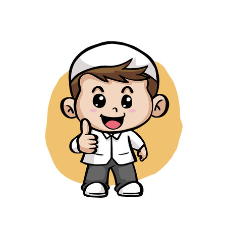 cute happy moslem kids cartoon mascot vector illustrationのイラスト素材