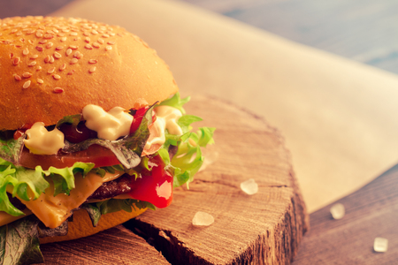 Juicy unhealthy fastfood burger with beef, cheddar cheese, elemental cheese, lettuce, tomato, sauce and ketchup in a white bun with sesame and Himalayan salt. Photo of burger with unusual light.の写真素材