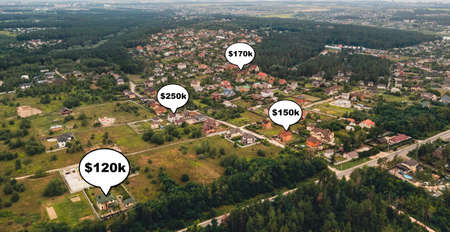 Concept of selling residential country houses: cottages with virtual price tagsの写真素材