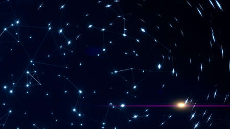 Points connected by lines in black space with lens glare - technological backgroundの写真素材
