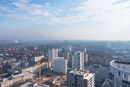 View of the city against the blue morning skyの写真素材