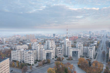 View of Derzhprom in Kharkiv. Aerial shot at autumn morning.の写真素材