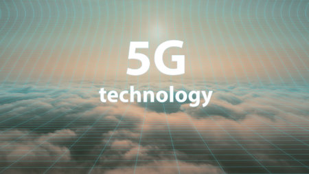 5G network digital hologram and internet of things on Clouds background