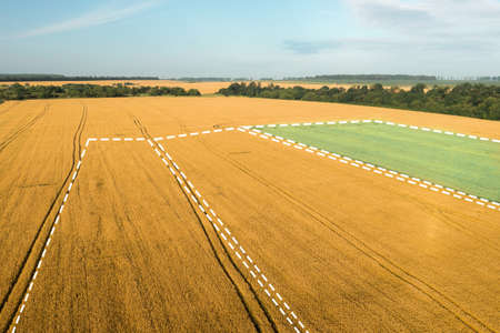 Sale field land for agribusiness. Land for sale and investment: Aerial drone shot with copy space.の写真素材