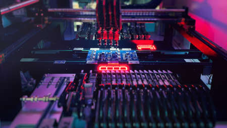 Digital technologies for automation of industry: neon lights illuminate on Chip Componentsの写真素材