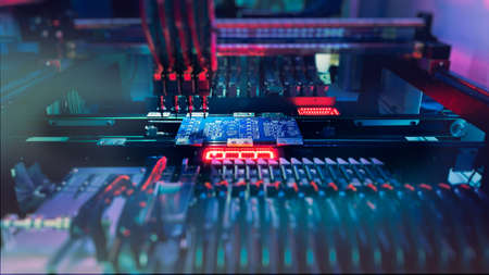 Using of semiconductors for assembly of computer chips and motherboards on robotic AI equipmentの写真素材