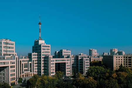 View of the peaceful Ukrainian city of Kharkiv: Derzhprom building in the pre-war periodのeditorial素材