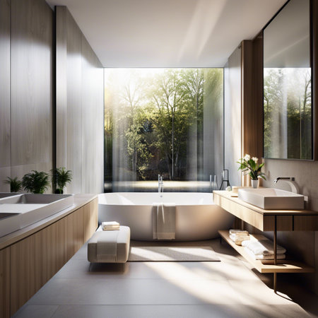 Stylish interior of modern bathroom with big window and plantsの写真素材