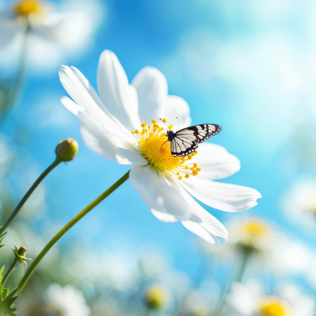 Big flower daisie on summer spring meadow with blue sky and flying butterfly.の写真素材