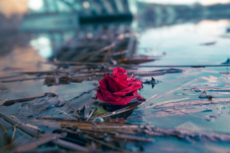 A stunning red rose blooms on a shiny surface, surrounded by dried leaves. This artwork captures nature's beauty, inviting viewers to appreciate its intricate details and vibrant colorsの写真素材