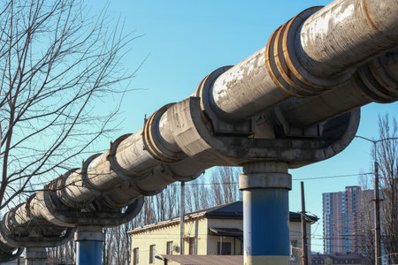 This closeup highlights a complex industrial pipeline system against a vibrant blue sky, reflecting...