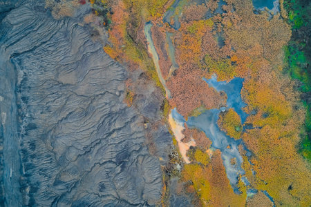 aerial post eruption moss and meltwater, regrowing orange and green vegetation punctuated by shallow poolsの写真素材