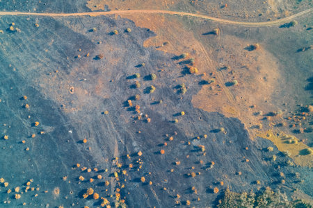 Aerial drone shot of scorched black earth and unburnt fields, separated by a diagonal fire line. The abstract composition of ash texture and color contrast - environmental disaster.の写真素材