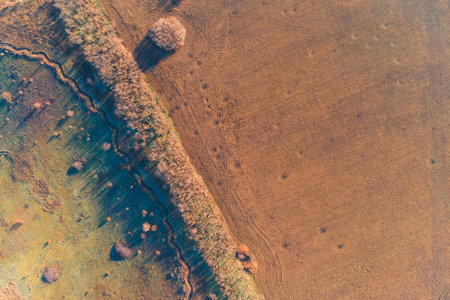 Abstract drone shot capturing a strategic defensive trench line near a tree line. The sharp contrast between the green pasture and brown earth highlights the authentic reality of the zone.の写真素材
