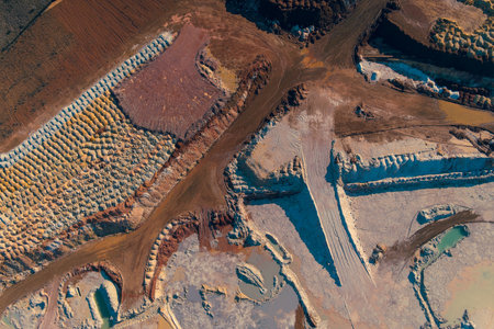 Abstract drone shot capturing the geometric patterns of an open-pit mine. The sharp triangular cuts, rows of textured soil piles, and colorful earth layers create a unique industrial landscape.の写真素材