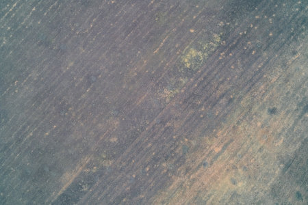 Top-down aerial view of a dark grey soil surface featuring diagonal agricultural tillage marks and scattered small light spots resembling pockmarks. Minimalist ground texture and rough rural environment.の写真素材
