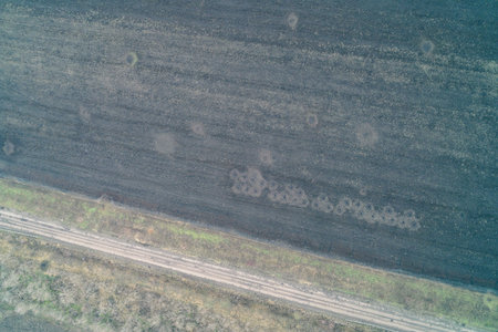 A barren agricultural field featuring clustered impact craters and traces of shelling, located...