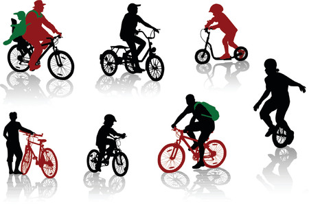 Silhouettes of people and children on bicycles and a scooterのイラスト素材