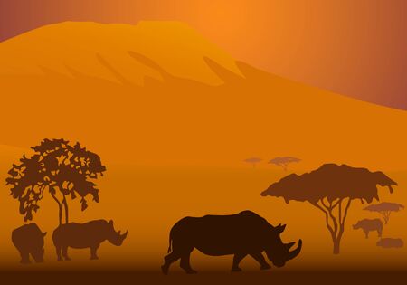 Silhouettes of rhinoceroses in national park of Kenyaのイラスト素材