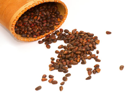 Close up a pile of cedar nut scattered from a basketの写真素材