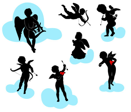 Silhouettes of angels, cherubs and cupidsのイラスト素材