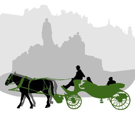 Silhouette of a carriage in Old Town Square in Prague near the monument to Jan Husのイラスト素材