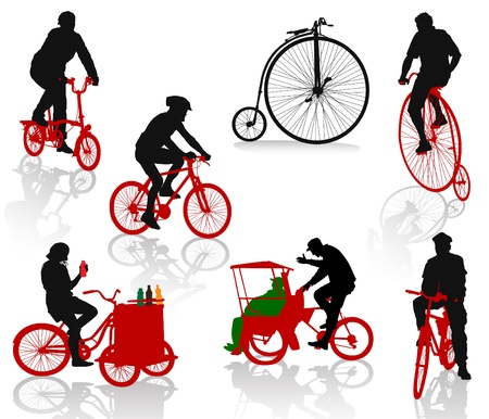 Silhouettes of people on bicycles. Modern and historic bikesのイラスト素材